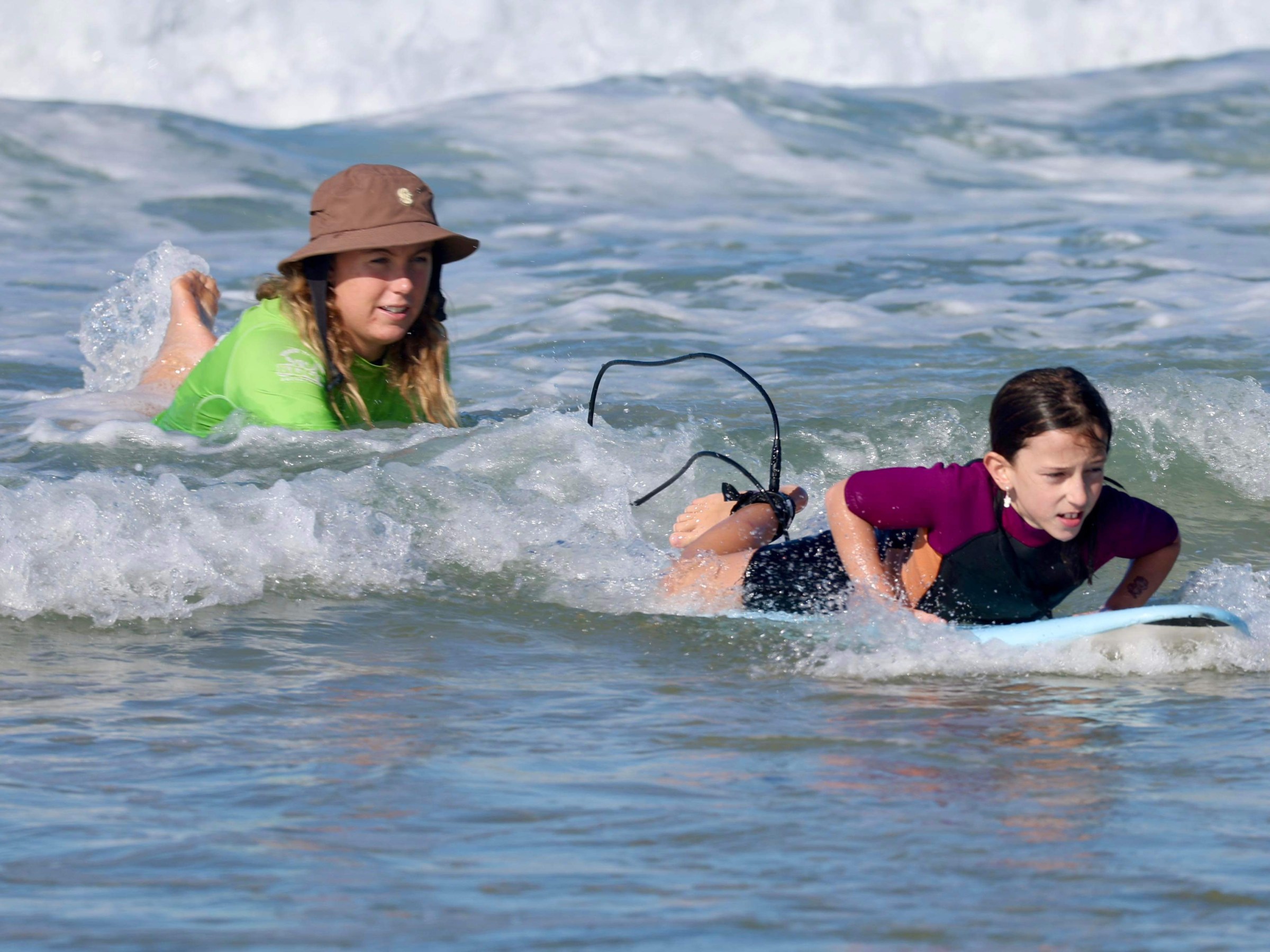 Two people lying on surfboards in the ocean, wearing wetsuits, with waves around them.