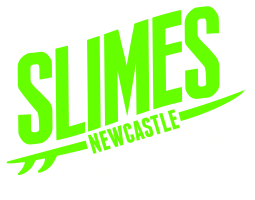 Bright green Slimes Newcastle logo with 'More than a Boardstore' slogan.